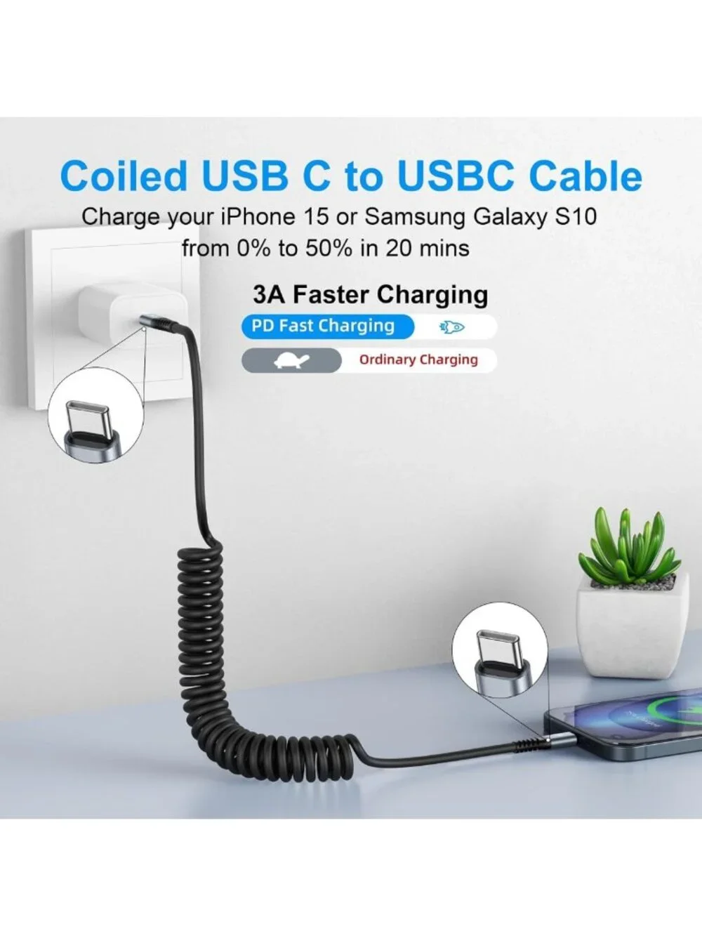 Coiled USB C to USB C Charger Cable 3FT & 6FT - 2 Pack for Car & Home Use
